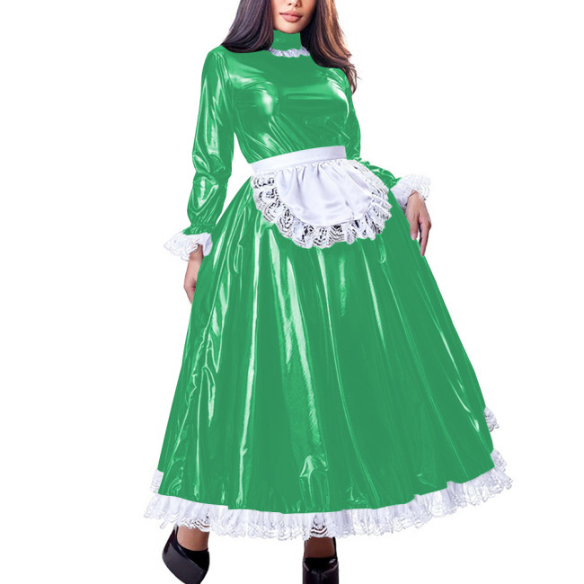 Sissy Sweet High Neck Long Sleeve Maxi Maid Dress with Lace Trim Shiny PVC Leather A-line French Maid Uniforms Halloween Cosplay