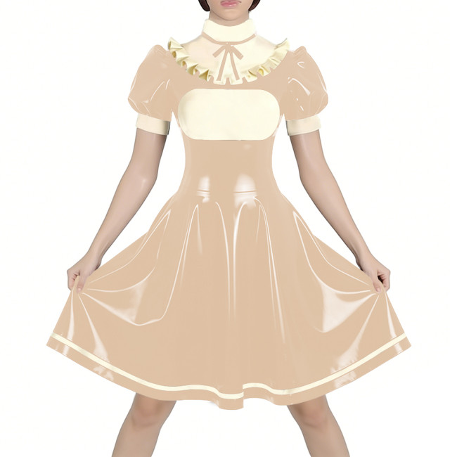 Fetish Latex-look PVC French Mid Maid Dress Puff Short Sleeve Ruffle High Collar Party A-Line Dress Halloween Cosplay Outfit