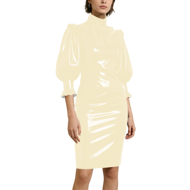 Women's Elegant Half Sleeve Pencil Dress Lockable Coctail Party Midi Pencil Dresses PVC Shiny Leather Bow Bodycon Dress Clubwear
