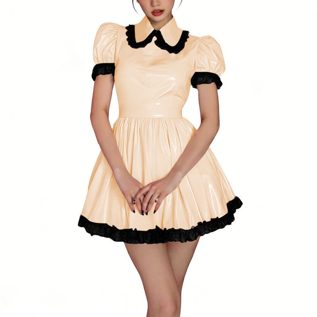 Womens Shiny PVC High Waist Pleated Mini Dress with Black Lace Trim Puff Sleeve Glossy Lolita Style Short Robe for Cosplay Party