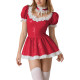 Womens Sweet Lolita Puff Sleeve Mini Dress with White Lace Trim Shiny PVC Leather Pleated Party Short Dresses Party Maid Outfits