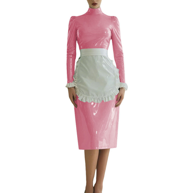 Sissy Shiny French Maid Cosplay Outfit Long Sleeve PVC Glossy Leather Knee-length Maid Dress with Apron Fetish Cosplay Costume