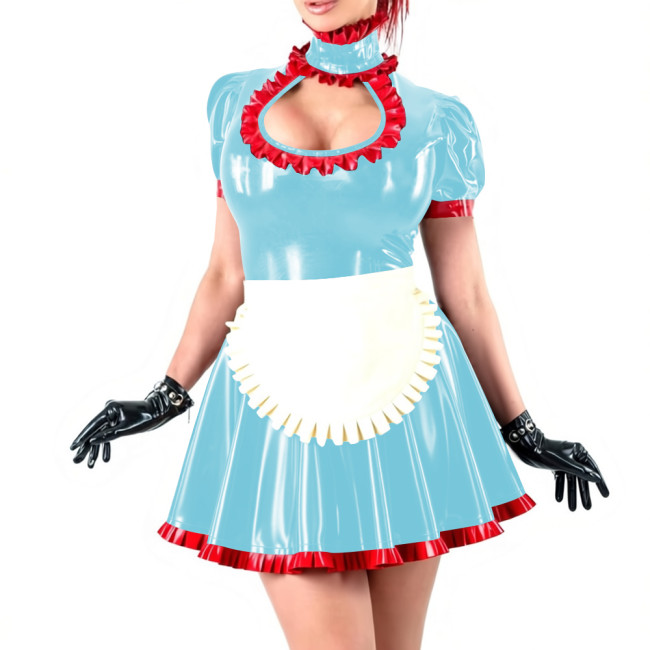 Novetly Sexy Ruffle Trim Mini Dress Wetlook PVC Hollow A-line Pleated Dress with White Apron for Carnival Party Role Play Outfit