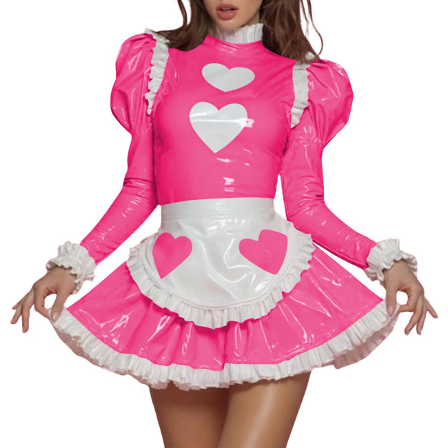 Womens Sissy Sweet PVC Shiny Leather Maid Uniform Heart Print Puff Long Sleeve Ruffle Trim Mini Dress Apron Set Role Play Outfit