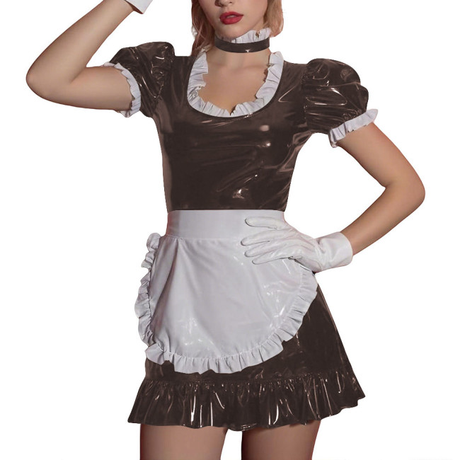 Women Sissy Ruffles Maid Uniforms Lockable French PVC Shiny Leather Maid Dress Outfits Crossdress Party Club Roleplay Costume