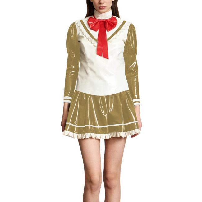 Kawaii Lolita Style Shiny PVC Sailor Dress Outfits Patchwork Long Sleeve Back Zip Bow Top Pleated Mini Skirt Halloween Cosplay