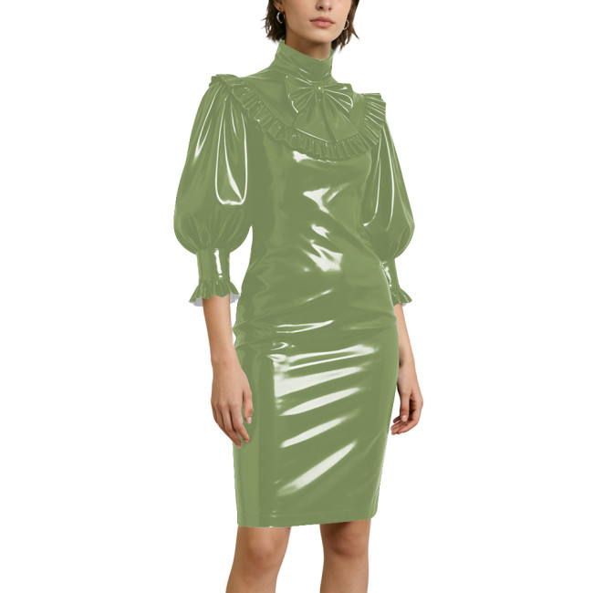 Women's Elegant Half Sleeve Pencil Dress Lockable Coctail Party Midi Pencil Dresses PVC Shiny Leather Bow Bodycon Dress Clubwear