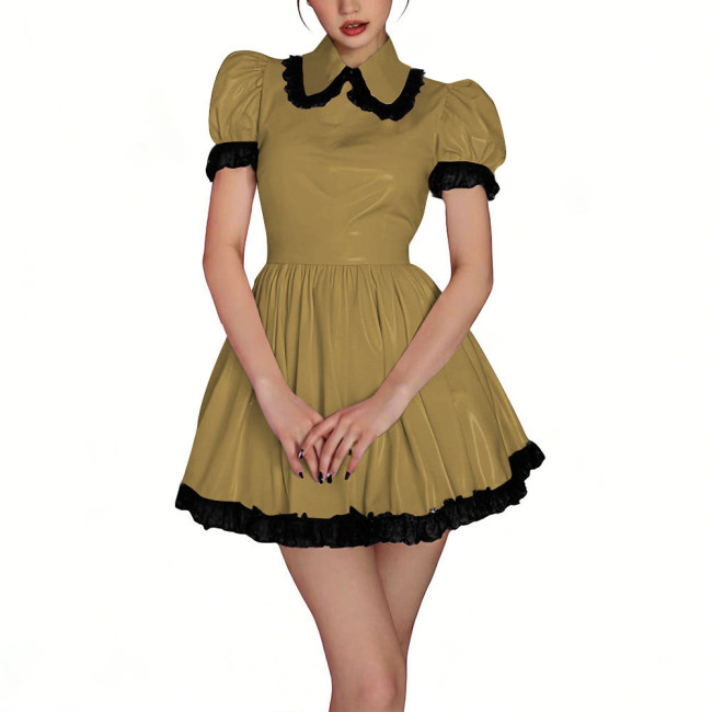 Womens Shiny PVC High Waist Pleated Mini Dress with Black Lace Trim Puff Sleeve Glossy Lolita Style Short Robe for Cosplay Party