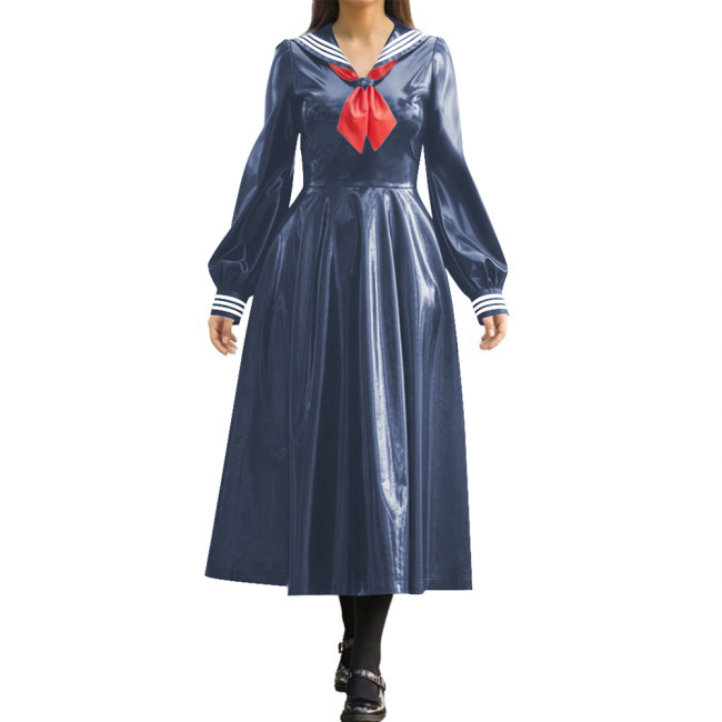 Wetlook PVC Long Pleated Sailor Dress Long Puff Sleeve Bow Navy Collar A-Line Midi Dress for Halloween Party Role Play Outfit