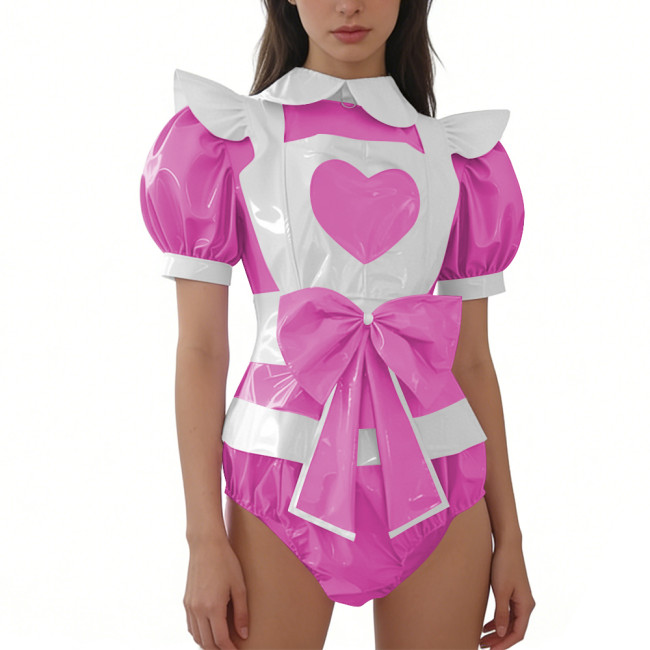 Women's Sissy Shiny PVC Maid Bodysuit with Apron Puff Short Sleeve Bow French Maid Rompers Halloween Themed Party Cosplay Outfit