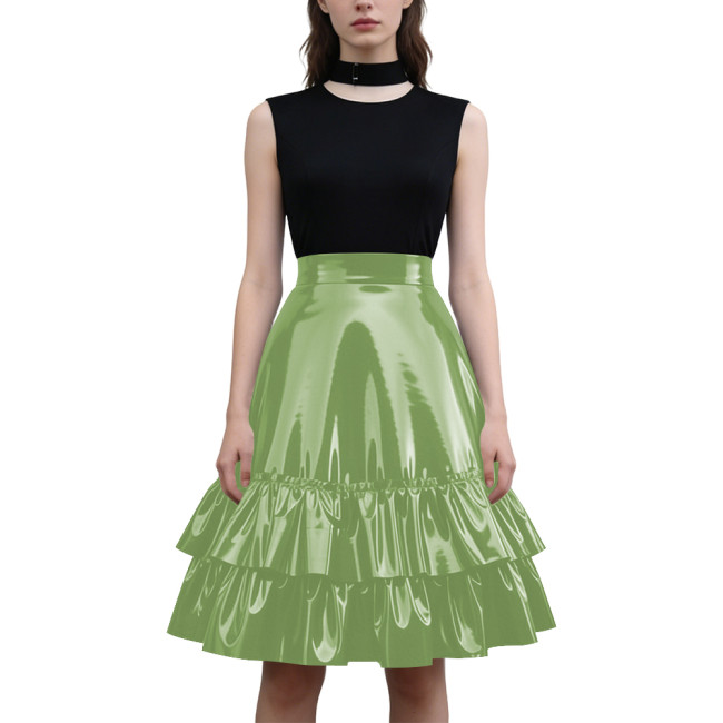 Viny PVC Leather High Waist Ruffle Tiered Skirt Womens Party Fashion Streetwear Glossy Solid Knee-length Flared Skirts Plus Size