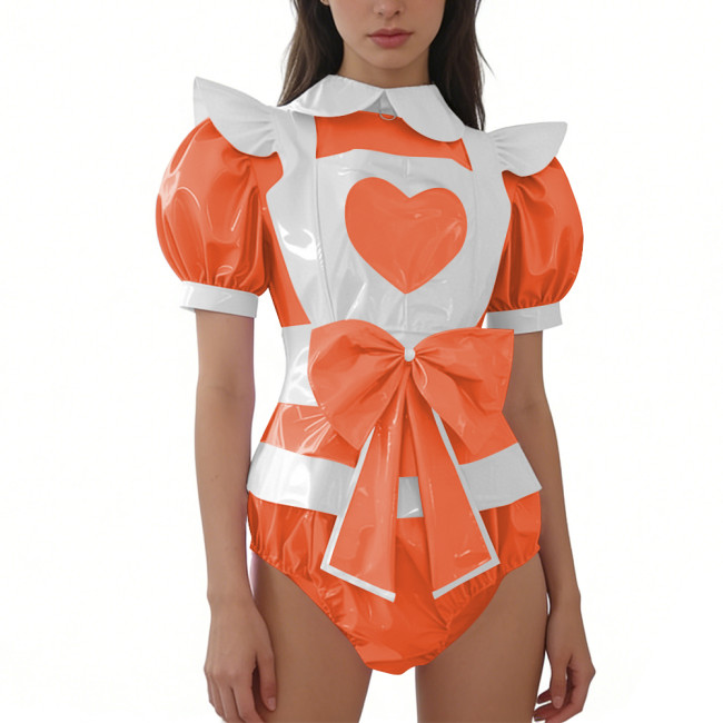Women's Sissy Shiny PVC Maid Bodysuit with Apron Puff Short Sleeve Bow French Maid Rompers Halloween Themed Party Cosplay Outfit