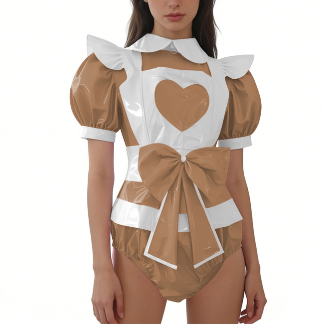 Women's Sissy Shiny PVC Maid Bodysuit with Apron Puff Short Sleeve Bow French Maid Rompers Halloween Themed Party Cosplay Outfit