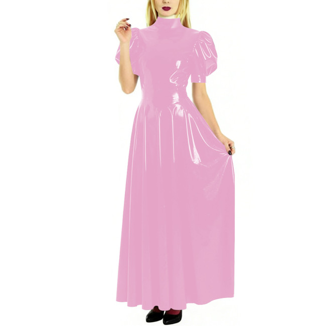 Fashion High Neck Puff Short Sleeve A-Line Dress for Womens Cocktail Party PVC Shiny Floor Length Dress Wetlook Robe Plus Size