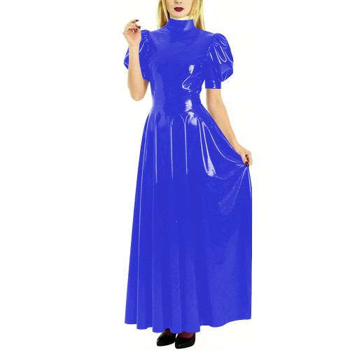 Fashion High Neck Puff Short Sleeve A-Line Dress for Womens Cocktail Party PVC Shiny Floor Length Dress Wetlook Robe Plus Size
