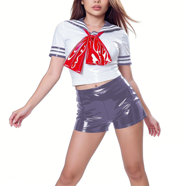 Wetlook PVC Leather Lolita Navy Style 2 Piece Set Adult Anime Cosplay Outfits Sailor Collar Bow Crop Top High Waist Hot Pant 7XL