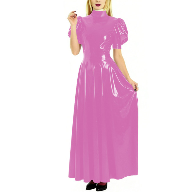 Fashion High Neck Puff Short Sleeve A-Line Dress for Womens Cocktail Party PVC Shiny Floor Length Dress Wetlook Robe Plus Size