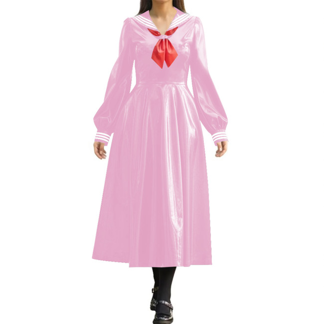 Wetlook PVC Long Pleated Sailor Dress Long Puff Sleeve Bow Navy Collar A-Line Midi Dress for Halloween Party Role Play Outfit