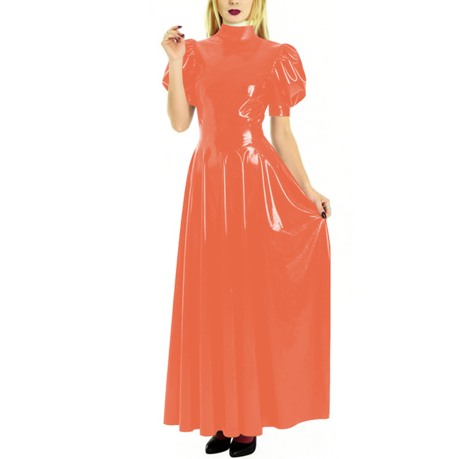 Fashion High Neck Puff Short Sleeve A-Line Dress for Womens Cocktail Party PVC Shiny Floor Length Dress Wetlook Robe Plus Size