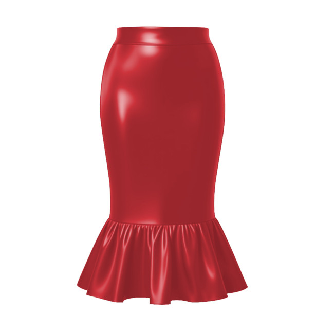 Women's Matte PU Leather Midi Mermaid Skirt Plus Size High Waist Ruffle Hem Bodycon Fishtail Skirt for Party Club Costume Bottom