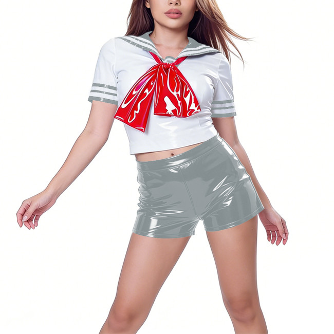 Wetlook PVC Leather Lolita Navy Style 2 Piece Set Adult Anime Cosplay Outfits Sailor Collar Bow Crop Top High Waist Hot Pant 7XL