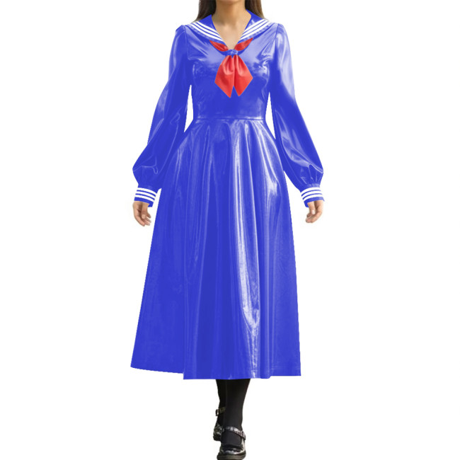 Wetlook PVC Long Pleated Sailor Dress Long Puff Sleeve Bow Navy Collar A-Line Midi Dress for Halloween Party Role Play Outfit