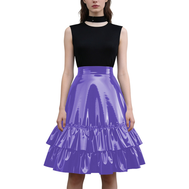 Viny PVC Leather High Waist Ruffle Tiered Skirt Womens Party Fashion Streetwear Glossy Solid Knee-length Flared Skirts Plus Size