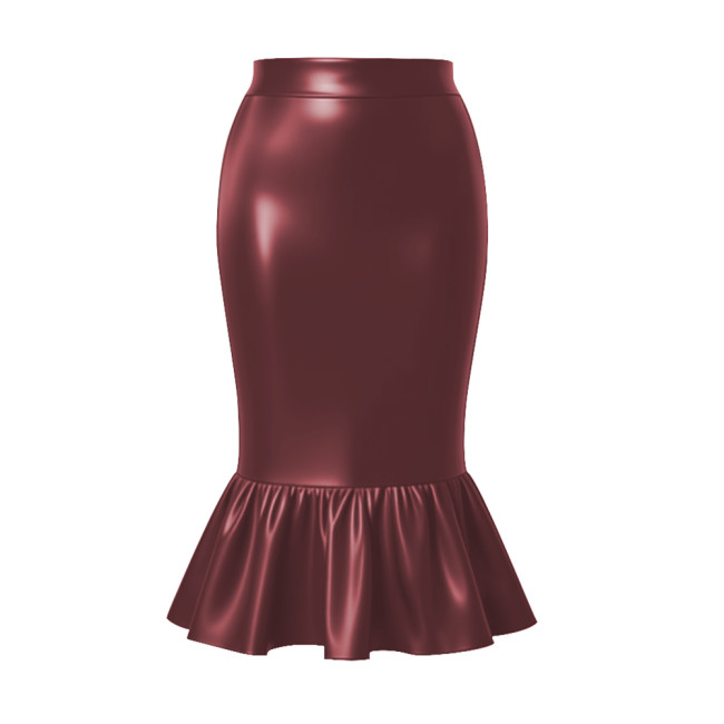 Women's Matte PU Leather Midi Mermaid Skirt Plus Size High Waist Ruffle Hem Bodycon Fishtail Skirt for Party Club Costume Bottom