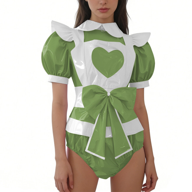Women's Sissy Shiny PVC Maid Bodysuit with Apron Puff Short Sleeve Bow French Maid Rompers Halloween Themed Party Cosplay Outfit