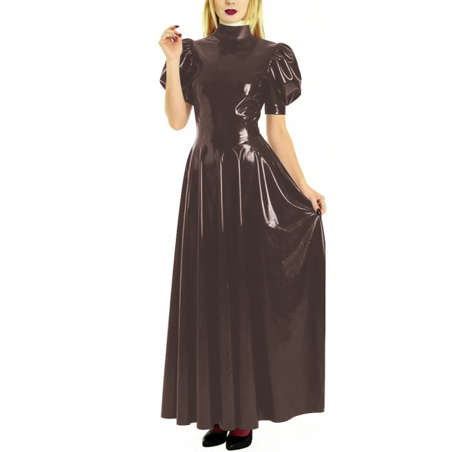 Fashion High Neck Puff Short Sleeve A-Line Dress for Womens Cocktail Party PVC Shiny Floor Length Dress Wetlook Robe Plus Size
