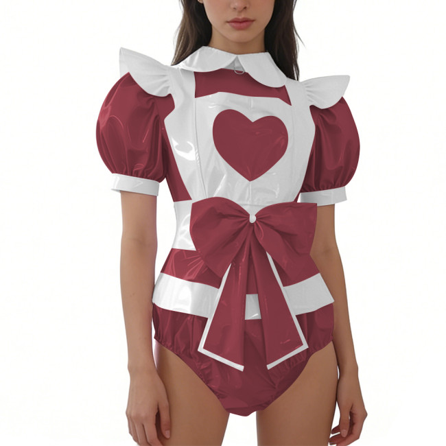 Women's Sissy Shiny PVC Maid Bodysuit with Apron Puff Short Sleeve Bow French Maid Rompers Halloween Themed Party Cosplay Outfit