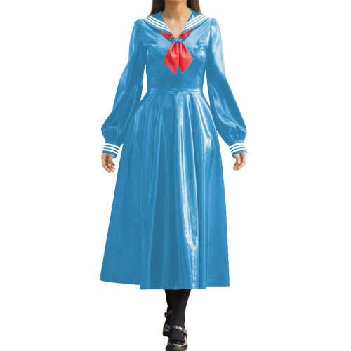 Wetlook PVC Long Pleated Sailor Dress Long Puff Sleeve Bow Navy Collar A-Line Midi Dress for Halloween Party Role Play Outfit