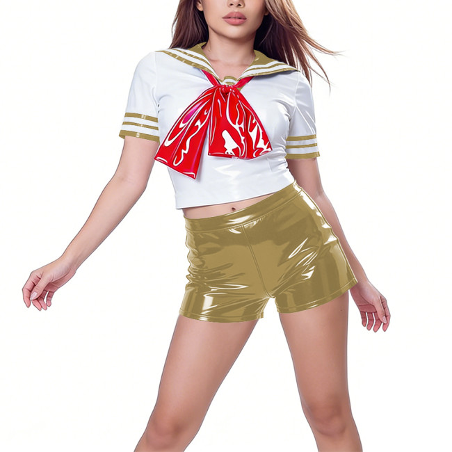 Wetlook PVC Leather Lolita Navy Style 2 Piece Set Adult Anime Cosplay Outfits Sailor Collar Bow Crop Top High Waist Hot Pant 7XL