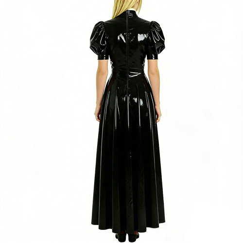 Fashion High Neck Puff Short Sleeve A-Line Dress for Womens Cocktail Party PVC Shiny Floor Length Dress Wetlook Robe Plus Size