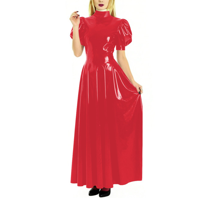 Fashion High Neck Puff Short Sleeve A-Line Dress for Womens Cocktail Party PVC Shiny Floor Length Dress Wetlook Robe Plus Size