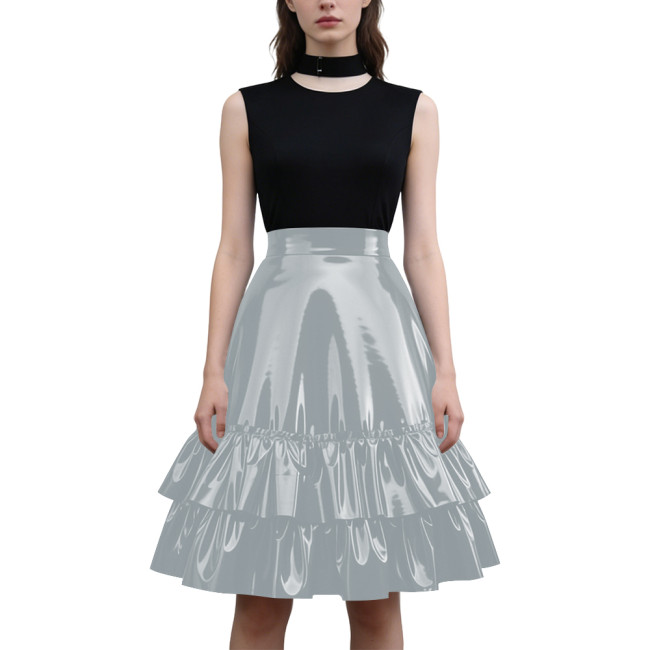 Viny PVC Leather High Waist Ruffle Tiered Skirt Womens Party Fashion Streetwear Glossy Solid Knee-length Flared Skirts Plus Size
