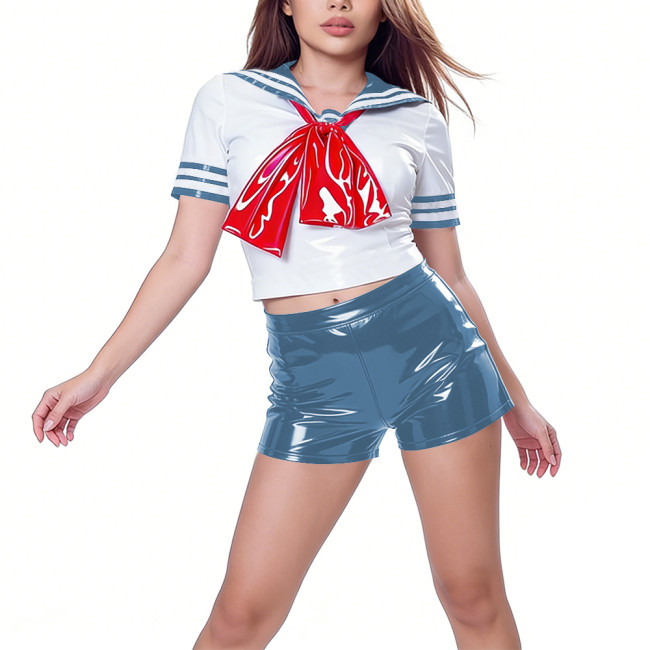 Wetlook PVC Leather Lolita Navy Style 2 Piece Set Adult Anime Cosplay Outfits Sailor Collar Bow Crop Top High Waist Hot Pant 7XL