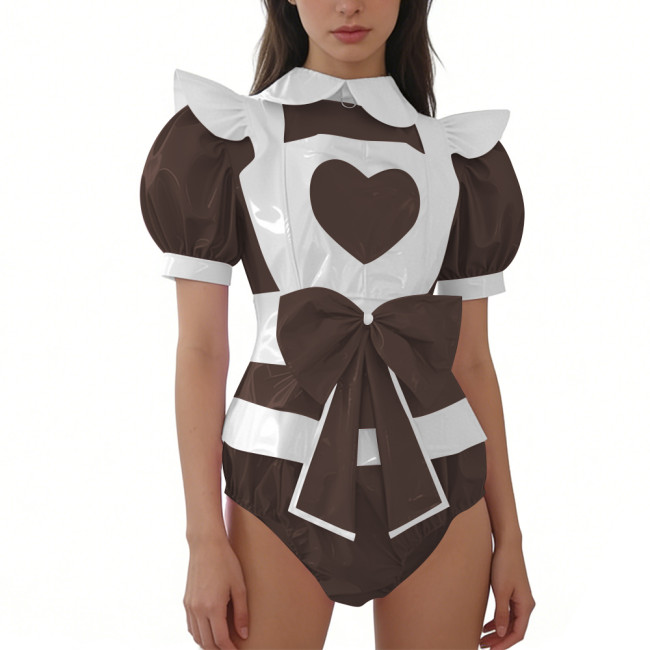 Women's Sissy Shiny PVC Maid Bodysuit with Apron Puff Short Sleeve Bow French Maid Rompers Halloween Themed Party Cosplay Outfit