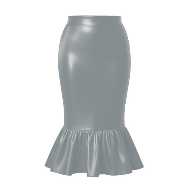 Women's Matte PU Leather Midi Mermaid Skirt Plus Size High Waist Ruffle Hem Bodycon Fishtail Skirt for Party Club Costume Bottom