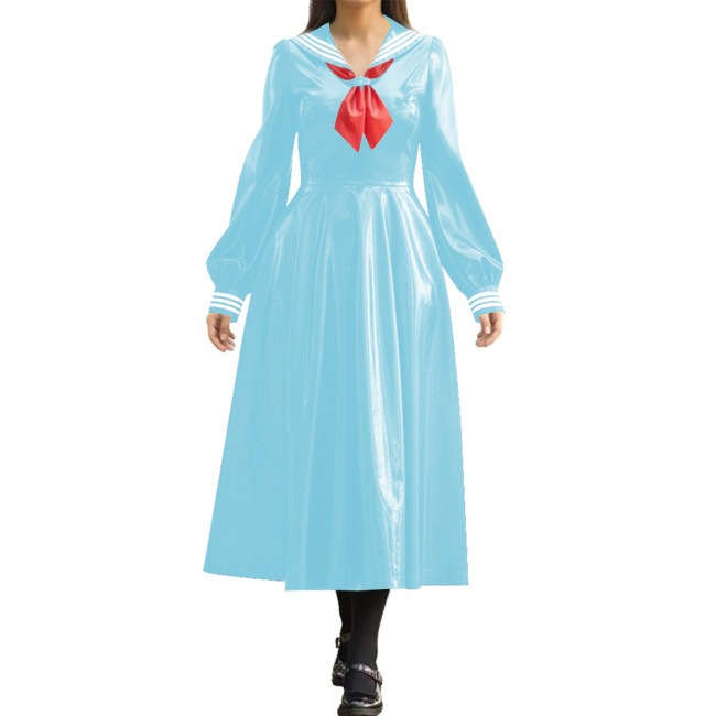 Wetlook PVC Long Pleated Sailor Dress Long Puff Sleeve Bow Navy Collar A-Line Midi Dress for Halloween Party Role Play Outfit