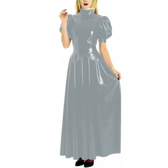 Fashion High Neck Puff Short Sleeve A-Line Dress for Womens Cocktail Party PVC Shiny Floor Length Dress Wetlook Robe Plus Size