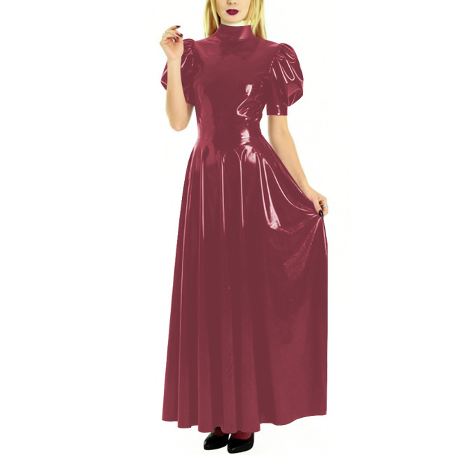 Fashion High Neck Puff Short Sleeve A-Line Dress for Womens Cocktail Party PVC Shiny Floor Length Dress Wetlook Robe Plus Size