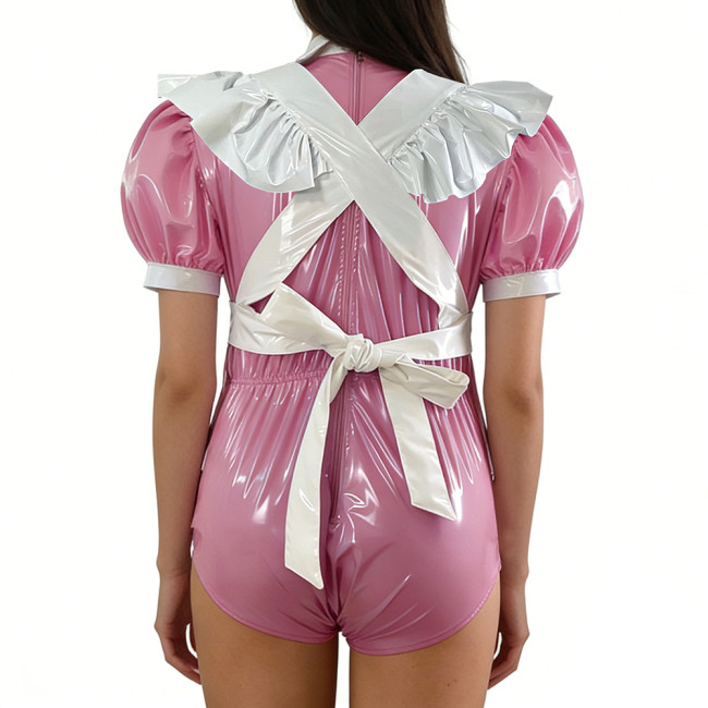 Women's Sissy Shiny PVC Maid Bodysuit with Apron Puff Short Sleeve Bow French Maid Rompers Halloween Themed Party Cosplay Outfit