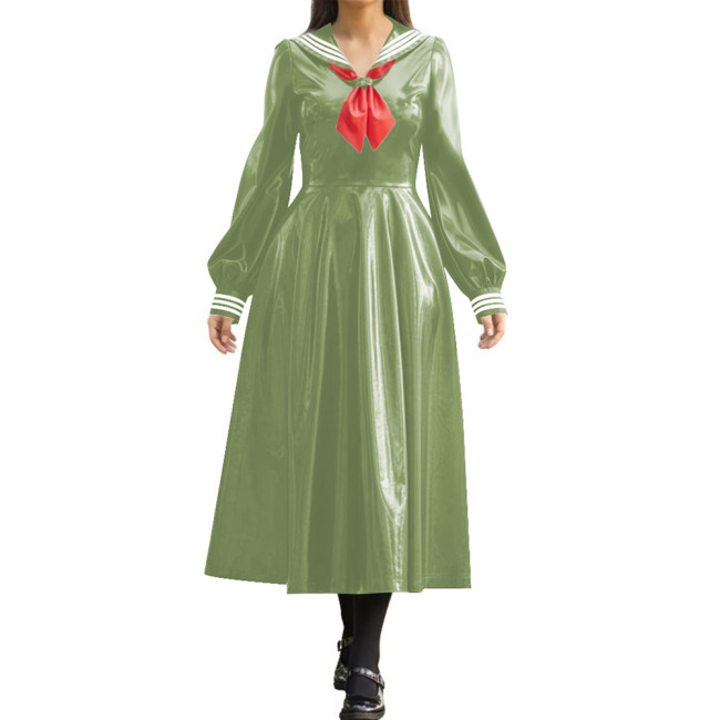 Wetlook PVC Long Pleated Sailor Dress Long Puff Sleeve Bow Navy Collar A-Line Midi Dress for Halloween Party Role Play Outfit