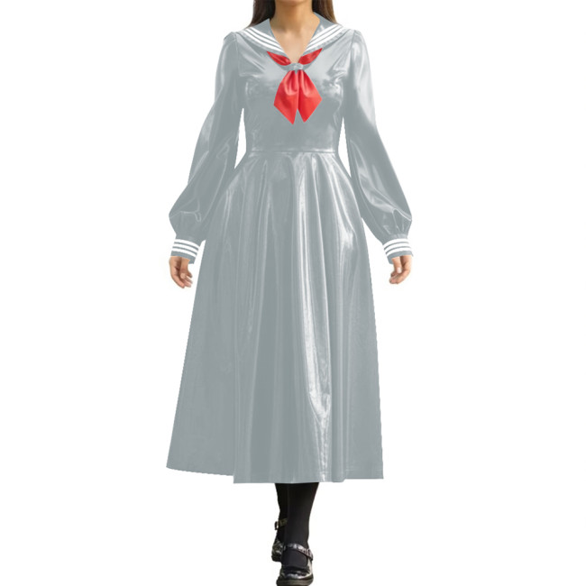 Wetlook PVC Long Pleated Sailor Dress Long Puff Sleeve Bow Navy Collar A-Line Midi Dress for Halloween Party Role Play Outfit
