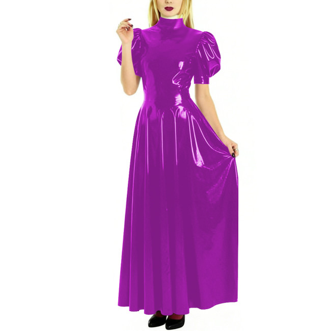 Fashion High Neck Puff Short Sleeve A-Line Dress for Womens Cocktail Party PVC Shiny Floor Length Dress Wetlook Robe Plus Size
