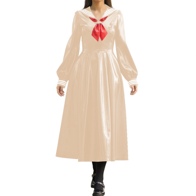 Wetlook PVC Long Pleated Sailor Dress Long Puff Sleeve Bow Navy Collar A-Line Midi Dress for Halloween Party Role Play Outfit