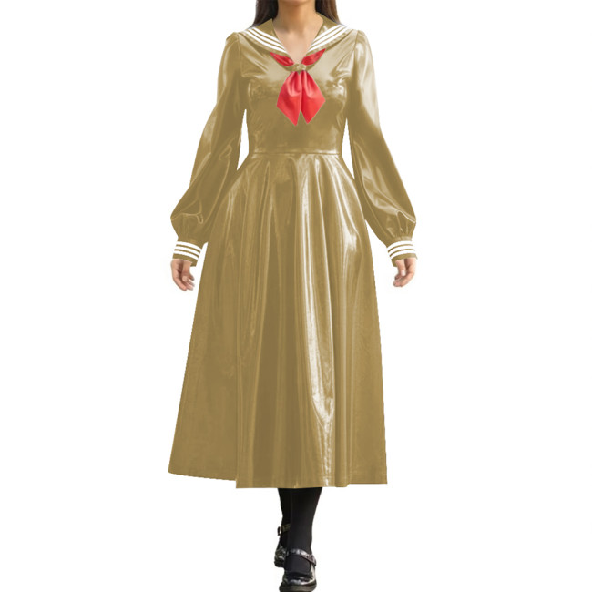 Wetlook PVC Long Pleated Sailor Dress Long Puff Sleeve Bow Navy Collar A-Line Midi Dress for Halloween Party Role Play Outfit