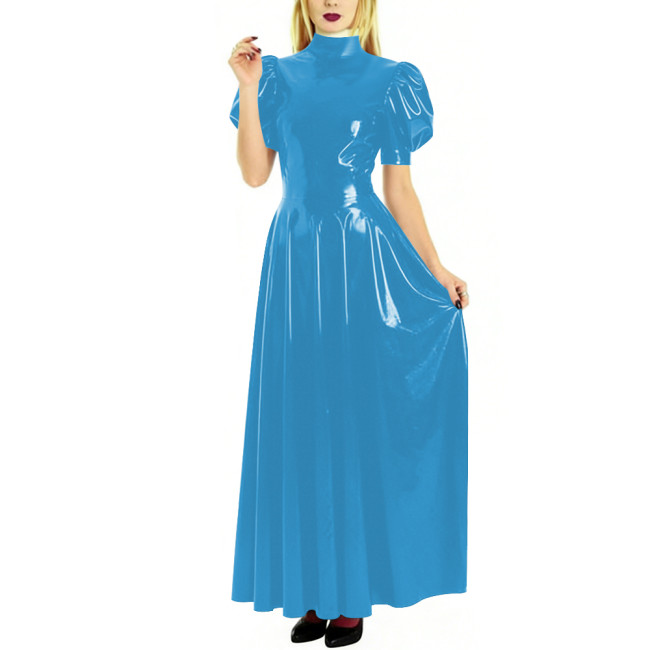 Fashion High Neck Puff Short Sleeve A-Line Dress for Womens Cocktail Party PVC Shiny Floor Length Dress Wetlook Robe Plus Size