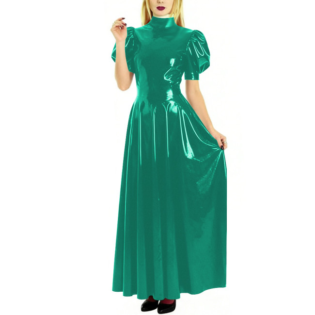 Fashion High Neck Puff Short Sleeve A-Line Dress for Womens Cocktail Party PVC Shiny Floor Length Dress Wetlook Robe Plus Size